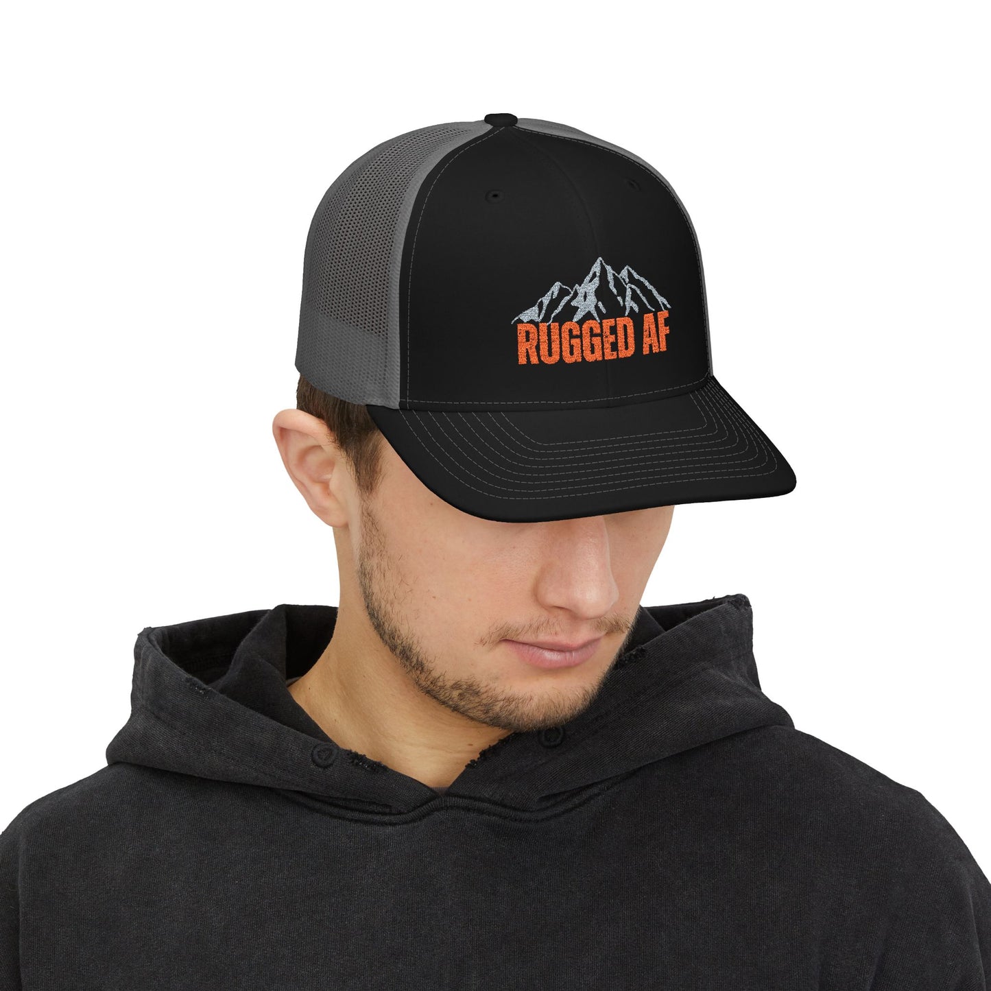 Rugged AF Snapback Trucker Cap, Outdoor Adventure Hat, Camping Gift, Hiking Cap, Sporty Headwear, Cool Embroidered Hat