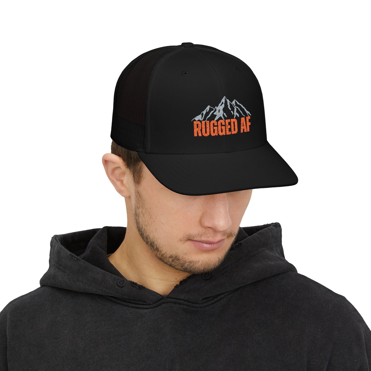 Rugged AF Snapback Trucker Cap, Outdoor Adventure Hat, Camping Gift, Hiking Cap, Sporty Headwear, Cool Embroidered Hat